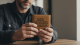 Man holding a brown BMF leather wallet 